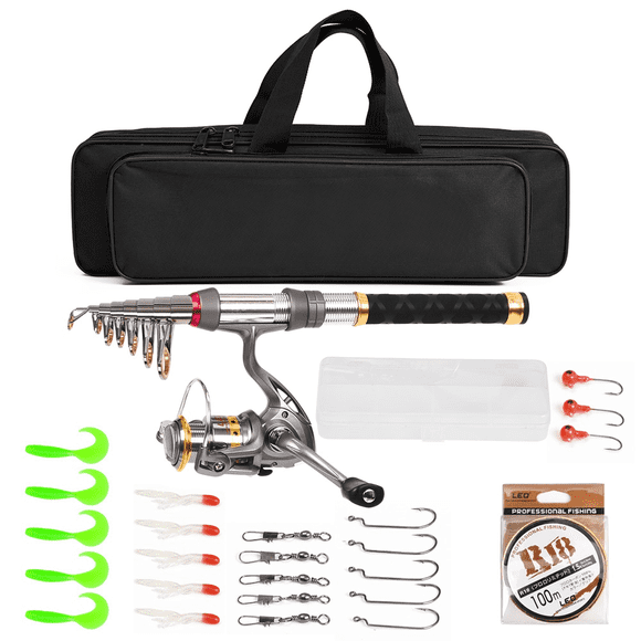 Canne à Pêche Télescopique en Fibre de Carbone (1,5 m) avec Moulinet Spinning LE1000, Sac d'Attirail en Toile Oxford 600D, et Trousse d'Accessoires Complète – Combo Léger et Portable pour Débutants et Pros, Comprend des Leurres,