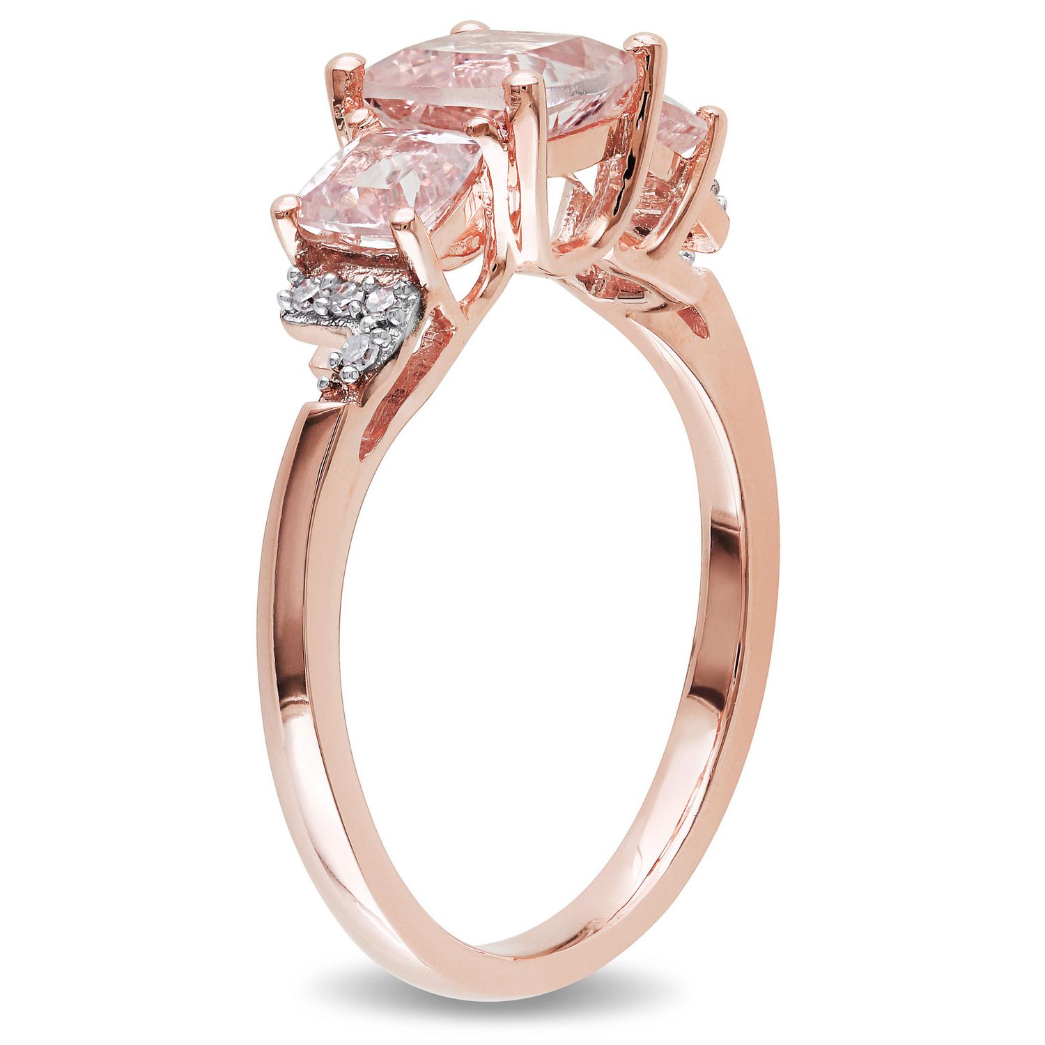 Bague à trois pierres avec morganite d'1,40 ct PBT et accents de diamants en argent sterling plaqué de rhodium rose de Tangelo
