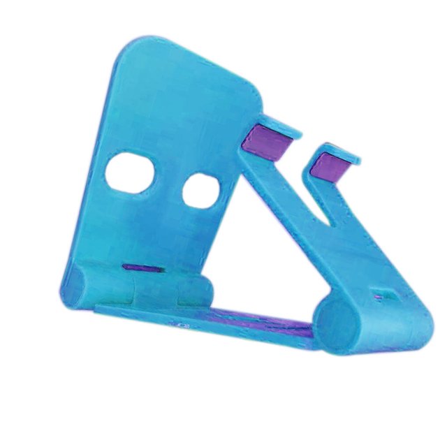 Mobile Phone Stand Cellphone Desktop phone holder phone stand Holder Bracket Plastic Folding Adjustable Phone Rack in a vibrant blue color with purple accents. This adjustable phone desk stand allows phones to be positioned vertically or horizontally for hands-free viewing. Non-slip pads on the base prevent sliding and protect surfaces from scratches, making it ideal for desks or tables.