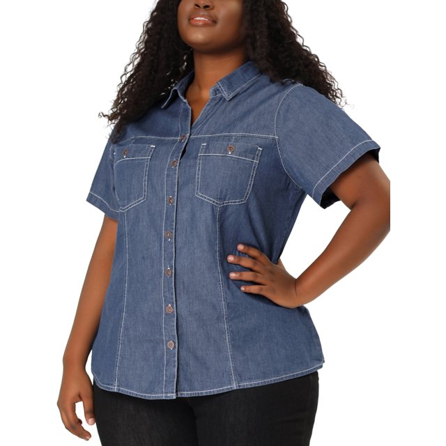 GRACE & GRANDEUR Women's Plus Workout Tops Chest Pocket Button Down Denim Shirts