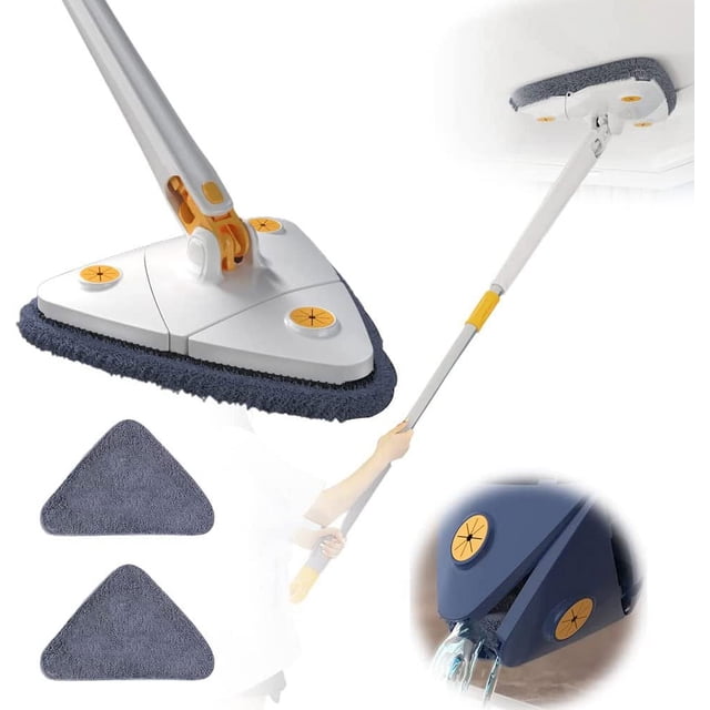 360° Rotatable Adjustable Cleaning Mop 51‘‘ Extendable Triangle Mop with Long Handle Automatic Wringing Microfiber Spin Floor Cleaning Mop for Cleaning Walls Ceilings and Window (Whit