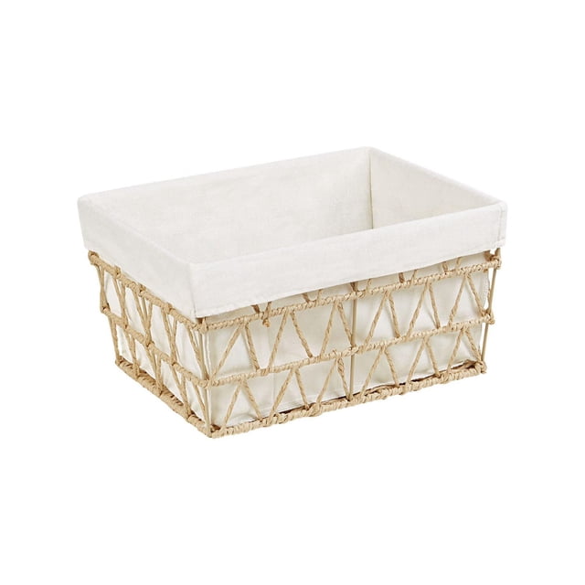 HOMETRENDS Décor Basket with a rectangular iron frame wrapped in natural paper rope forming a geometric pattern, featuring a removable cream fabric liner, ideal for home and office storage and organization, and suitable for storing towels or toiletries.