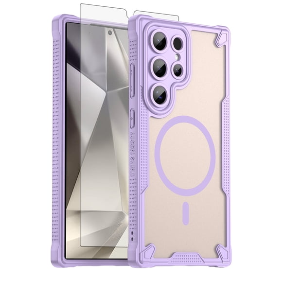 Asuwish Compatible with Samsung Galaxy S24 Ultra 5G Phone Case Tempered Glass Screen Protector Slim Magnetic Translucent Matte Back Shockproof Hybrid Protective Cover for S24Ultra Women Men Purple