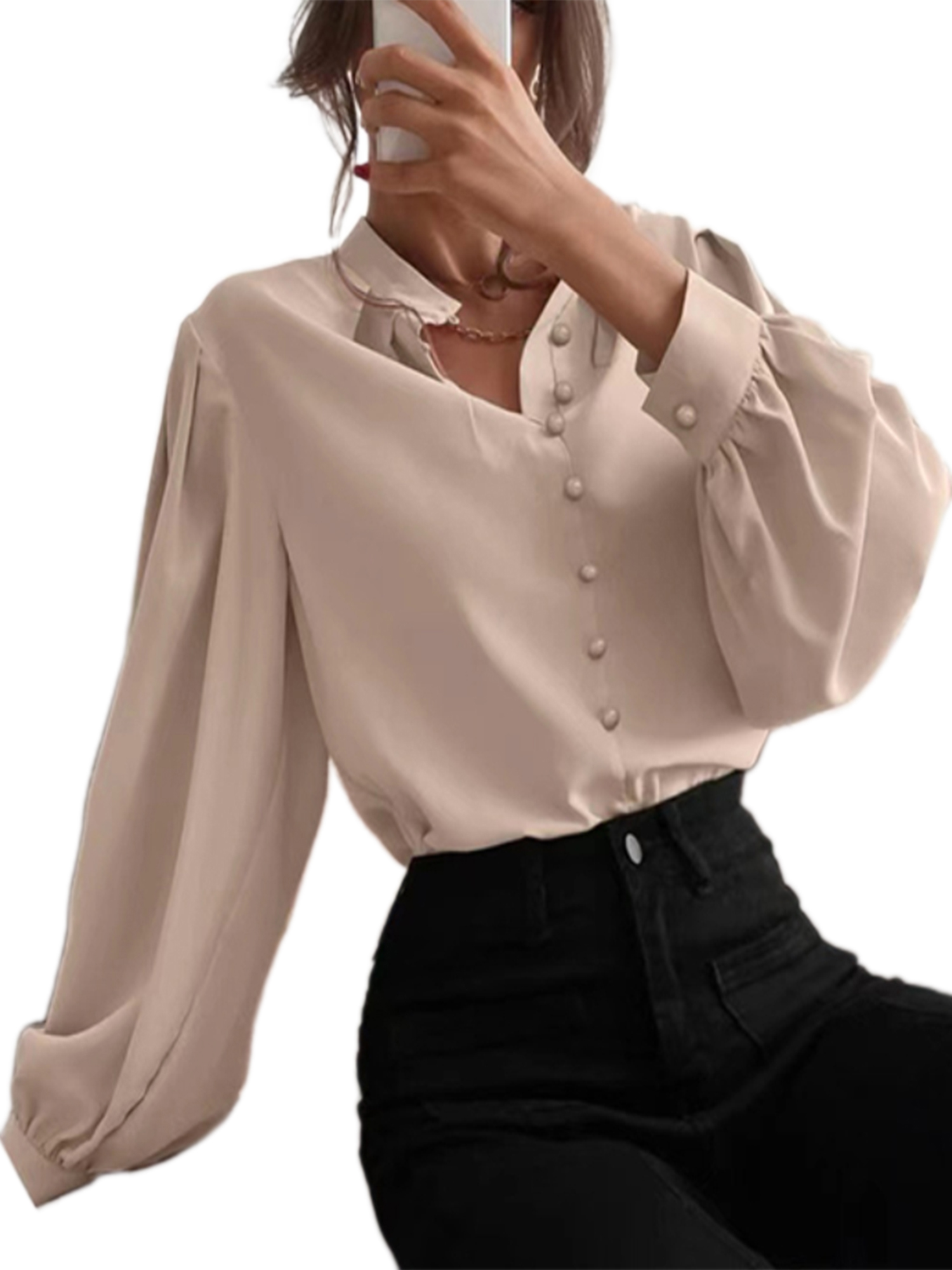 LUXUR Ladies Long Sleeve Tops Loose Work Shirts Khaki XXL