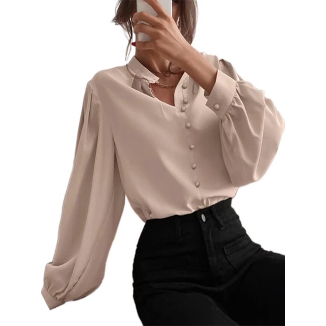 LUXUR Ladies Long Sleeve Tops Loose Work Shirts Khaki XXL