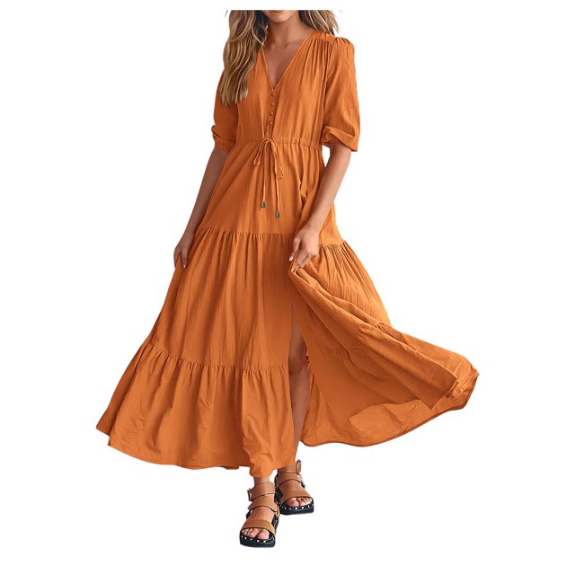 2025 Women Summer Dresses Short Womens Dresses for Work Sleeves V Neck Button Dress Drawstring Maxi Dresses Solid Womens Fall formal Dress Color Boho Long