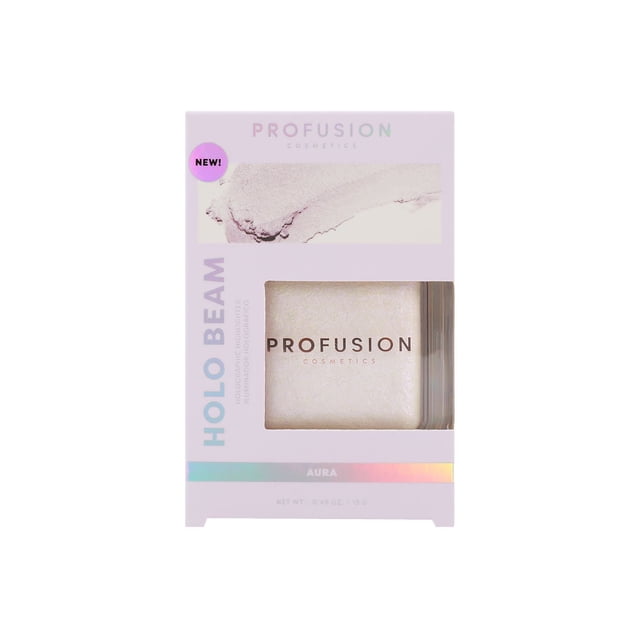 PROFUSION COSMETICS HOLO BEAM Enlumineur en Teinte Aura, Montré dans un Emballage Violet Pâle avec une Fenêtre Claire Révélant la Poudre Compacte Cuite Iridescente Pressée, avec Texte Holographique et une Étiquette « NEW! », Idéal pour une Lueur Légère et Modulable.