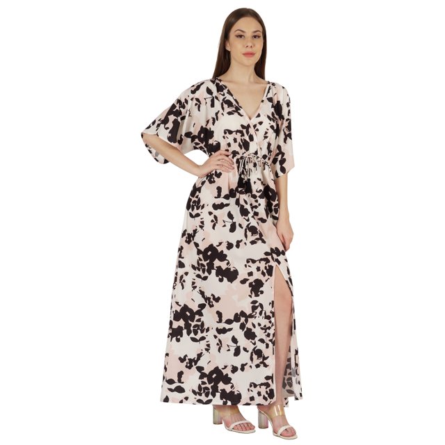 Inkmeso Robe à Manches Kimono Courtes Imprimée à Col en V pour Femmes, Robe Maxi Longue Décontractée d'Été