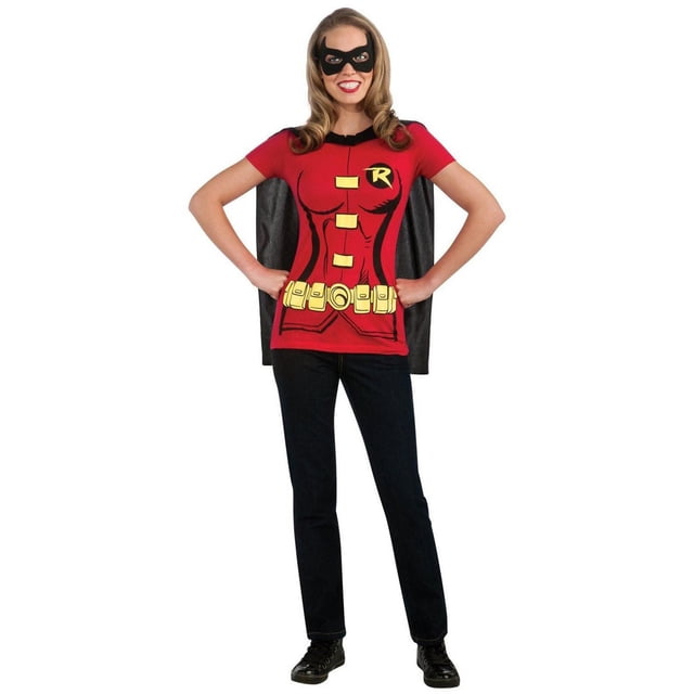 DC Comics Robin T-Shirt Women's Costume Set with a red cotton shirt featuring a printed comic-style curvy torso, yellow utility belt, and black 'R' logo on the chest, attached black cape at the shoulders, paired with black pants and shoes, suitable for Halloween women's costumes and themed events.