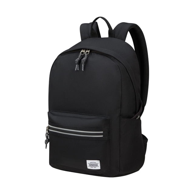 American Tourister Brightup Backpack in black with padded shoulder straps, front zippered pocket with reflective strip, side water bottle pockets, and made from 100% post-consumer recycled PET fabric, ideal for casual and sporty use.