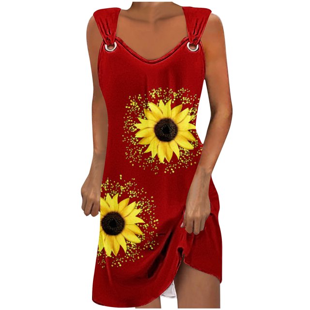 Penkiiy Robes de Printemps pour Femmes 2024 Décontractées Imprimées Amples Couleur Unie Col Rond Tempérament Élégantes Robes Dos Nu m Rouge