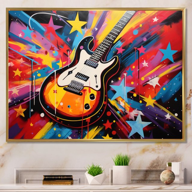 Designart Pop Art framed wall art decor, Pop Art framed wall Art, Music in Pop Art Style , Multi-Color Glam Gold framed wall art, 20x12 inches Gold Frame
