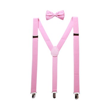 Unique Bargains Unisex Y Shape Elastic Shoulder Strap Adjustable Bow Tie Suspender Set Pink Height below 5.3 feet