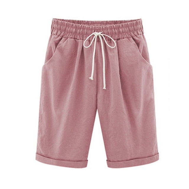 Pisexur Womens Shorts Cotton Linen Drawstring Solid Color Gym Workout Shorts Summer Comfy Elastic Waisted Shorts Plus Size Lounge Shorts Casual Beach Knee Length Shorts with Pockets,S-6XL