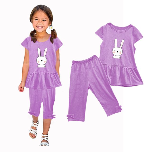 Chemises pour Filles, Ensemble Deux Pièces Été Col Rond Petit Imprimé Manches Courtes Manches Volantes Taille Élastique Pantalon Court