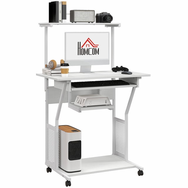 HOMCOM 32" Computer Desk Mobile Home Office Desk with Keyboard Tray Shelf in white. Features a top shelf with a guardrail for storage, a sliding keyboard tray with an additional movable shelf, and a spacious bottom shelf for a CPU or books. Made of melamine-coated particleboard and painted steel, it includes four universal wheels with two brakes for mobility and stability. Dimensions: 31.5" L x 19.7" W x 51.2" H.