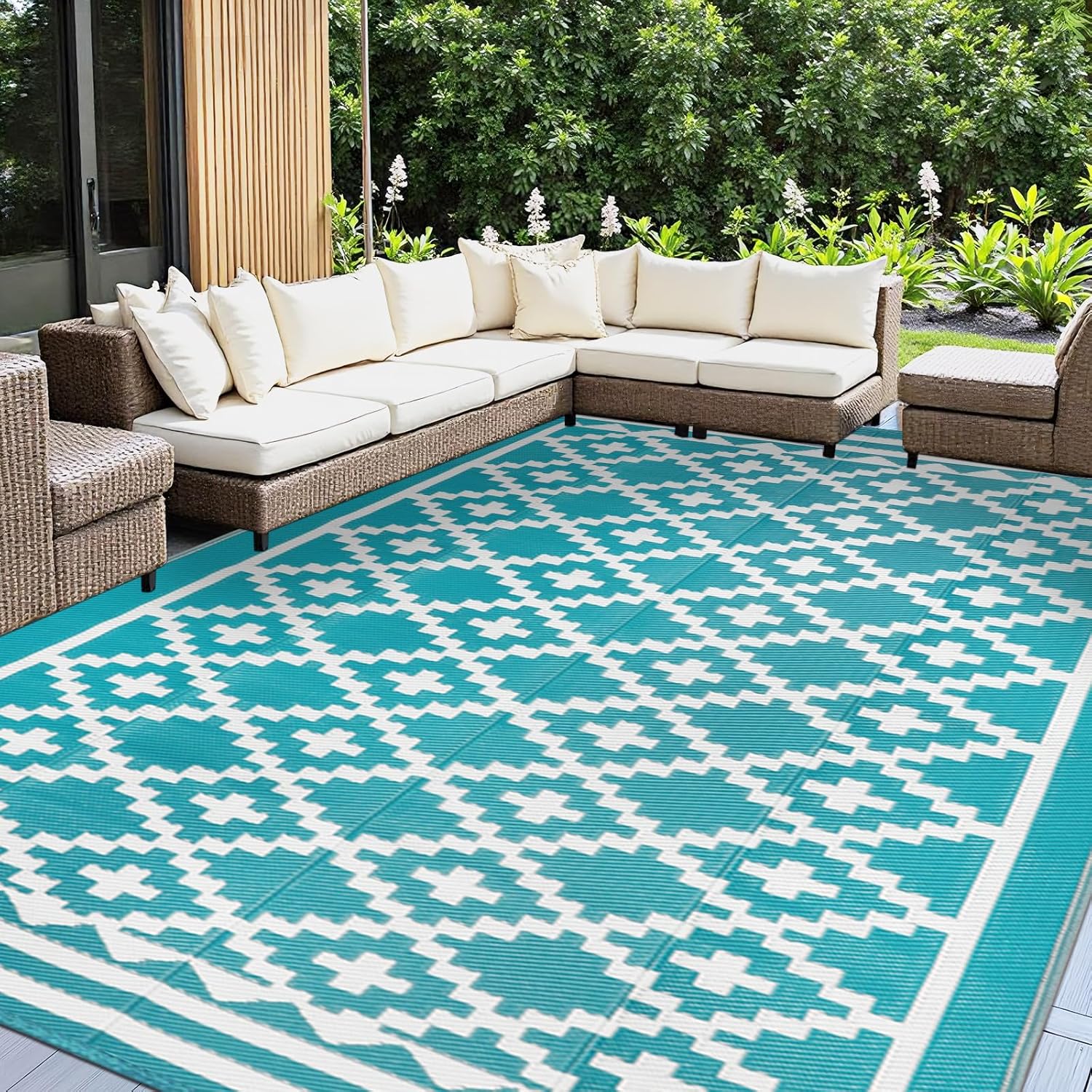 Outdoor Rug x Outdoor Carpet Reversible Patio Rug for Camping Large Outdoor Plastic Straw Area Rug Portable Geometric Mats for RV Backyard Deck Porch Beach Picnic Teal