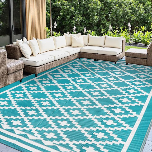 Outdoor Rug x Outdoor Carpet Reversible Patio Rug for Camping Large Outdoor Plastic Straw Area Rug Portable Geometric Mats for RV Backyard Deck Porch Beach Picnic Teal