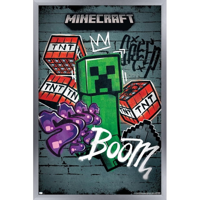Minecraft - Creeper Do Not Enter Wall Poster, 22.375" x 34", depicts a front-facing green Creeper with pixelated black face, surrounded by red TNT blocks labeled 'TNT' and graffiti-style text including a white crown and the word 'Boom' on a gray brick wall background, suitable for bedroom or office decor.