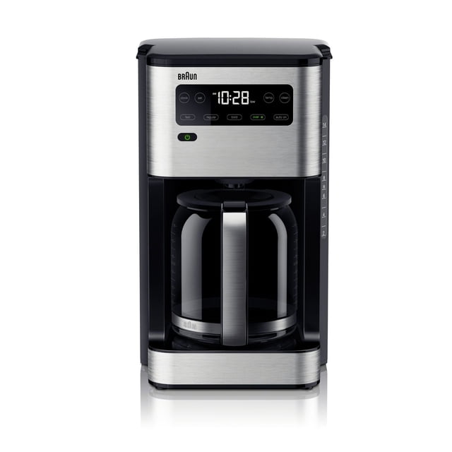 PureFlavor Cafetière KF5650 Vue de devant avec Cafetière à Filtre en Acier Inoxydable et Noire, Carafe en Verre de 14 Tasses, Écran Tactile programmable avec options d'Infusion Rapide, Régulière, Audacieuse et over ice, Indicateur Latéral de Niveau d'Eau et Plaque Chauffante.