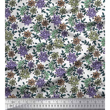 Soimoi Polyester Crepe Fabric Leaves & Floral Block Print Fabric by Yard 52 Inch Wide