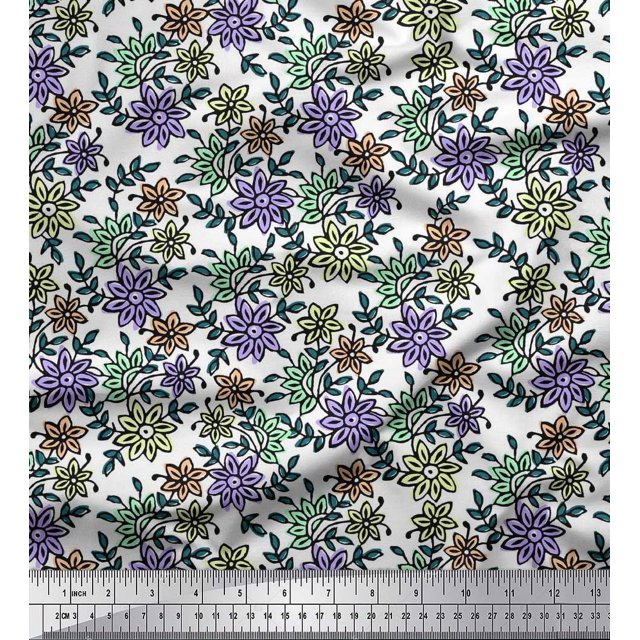 Soimoi Polyester Crepe Fabric Leaves & Floral Block Print Fabric by Yard 52 Inch Wide