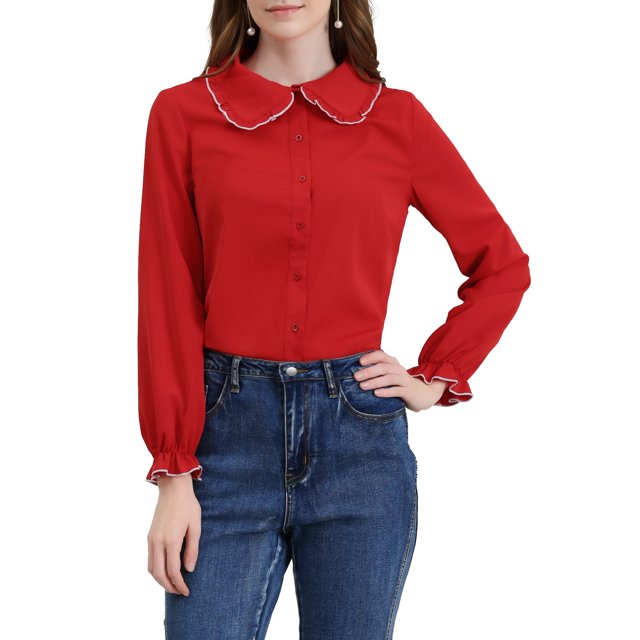 Allegra K Chemises de Travail pour Femmes à Volants Doux Col Peter Pan Boutonnées S Rouge