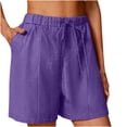 thumbnail image 2 of Women's Linen Summer Shorts Solid Color Comfortable Elastic Wide Leg Casual Shorts Purple, 2 of 8