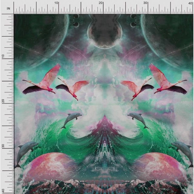 Soimoi Poly Georgette Fabric Sea & Flying Bird Panel Fabric Prints by Yard 42 Inch Wide