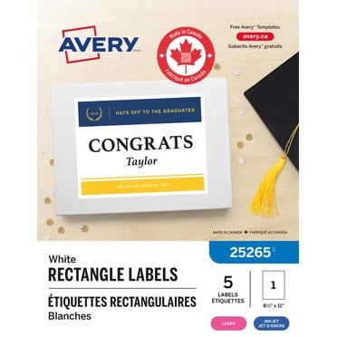 Avery Étiquettes rectangulaires blanches, Technologie TrueBlock, 11 po x 8½ po, pour imprimantes laser et à jet d'encre - 25265