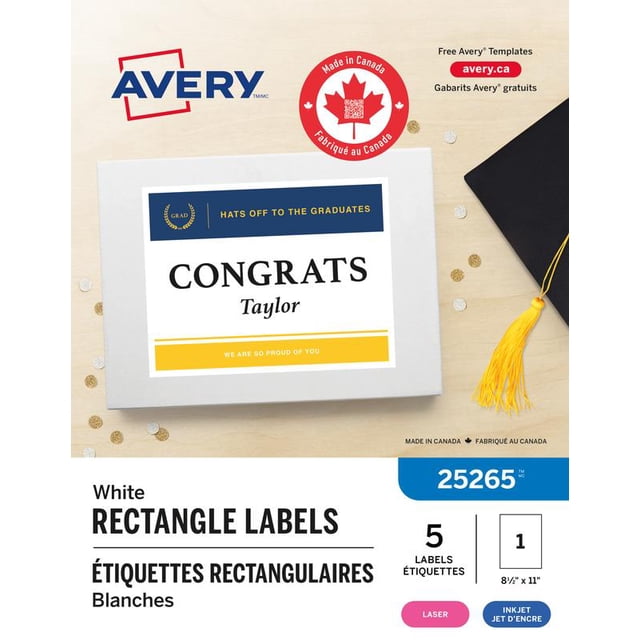 Avery White Rectangle Labels, TrueBlock, 11" x 8½", for Laser and Inkjet Printers - 25265 front-facing 8½" x 11" sheet filled with bright white rectangular labels; visible paper texture, permanent adhesive and TrueBlock coverage, compatible with laser and inkjet printers, jam-free and smudge-free. Often used for shipping, mailing, product labeling and customizable gift tags.