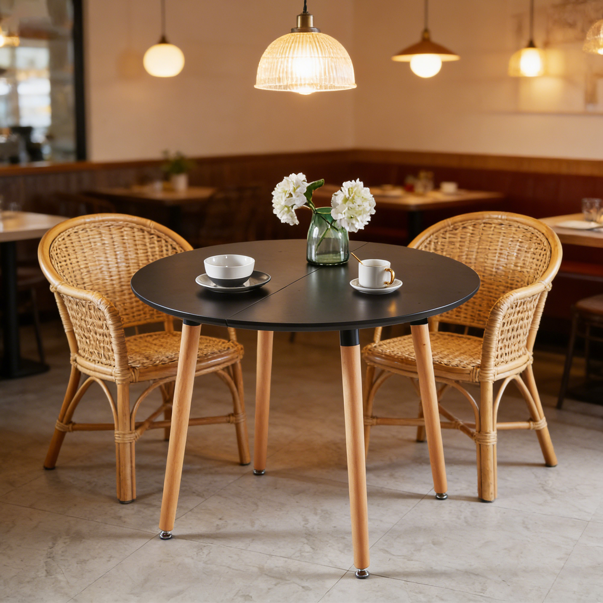 Noble House Table à Manger Ronde Extensible, Pied en Bois, Dessus de Table en MDF Noir, Utilitaire Polyvalent, Noir