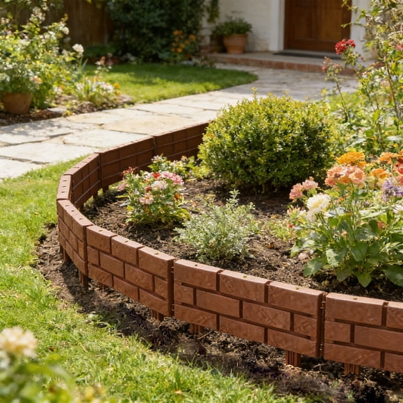 Plastic Garden Edging Fence Panels Brown 4-Pack Decorative Picket Border for Flower Beds, Grass, Landscaping, Weatherproof Outdoor Yard Barrier