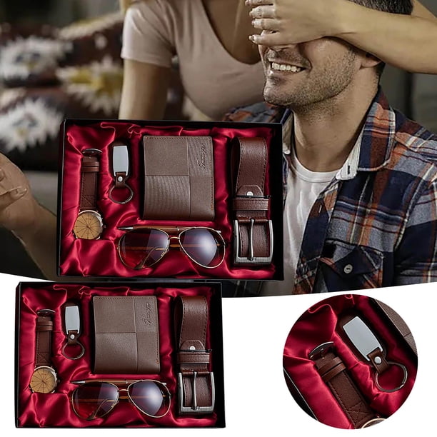 Men'S Gift Box Set, 7 Pieces, Leather Belt, Wallet, Wrist Watch