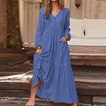 Meichang Robes en Coton et Lin pour Femmes à Col en V à Manches Longues à Volants à Étages Robes Unies Coupe Ample Robes Maxi Robes Longues Évasées d'Été Bleu Foncé L