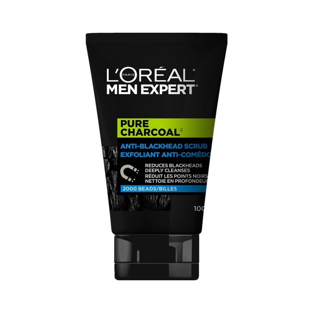 L'Oreal Paris Men Expert Face Scrub Pure Charcoal Anti-blackhead Scrub in a black squeeze tube with flip cap, featuring green and blue label accents, containing 2,000 natural beads to exfoliate and reduce blackheads, suitable for men's skin cleansing and grooming.