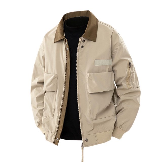 Men's Work Jacket, Windproof Long Sleeve Lapel Design with Pockets, Solid Color Casual Coat for Fall Outdoor Activities and Daily Wear