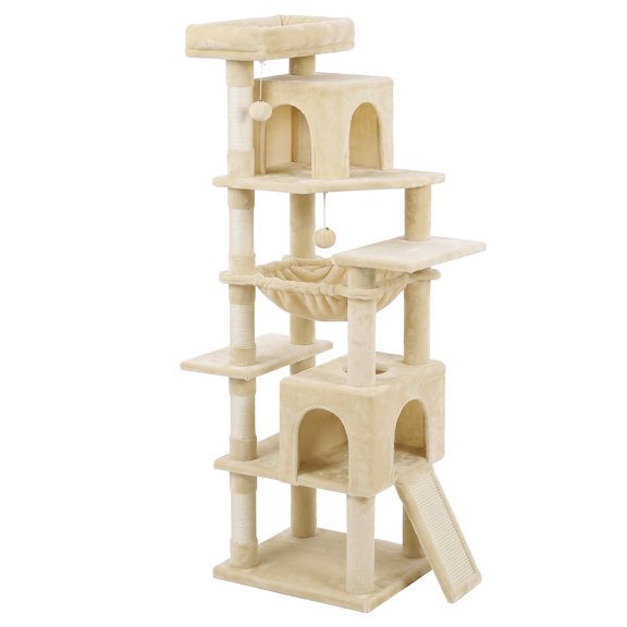 Cat Tree pour Grands Chats, Tour à 5 Niveaux avec Poteaux à Griffer et Condos en Sisal, 21,6 x 17,7 x 70,3 Pouces, Beige