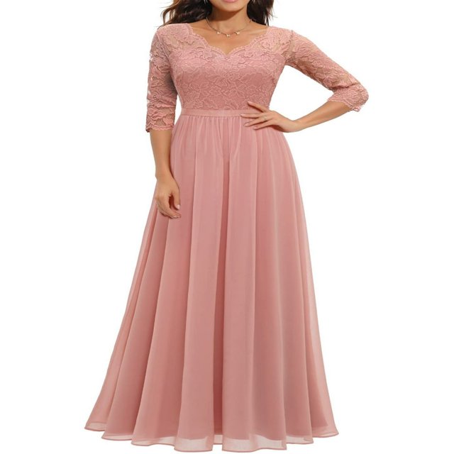 QJUHUNG Robe Formelle à Fleurs pour Femmes à Manches Mi-Longues, Col en V, Élégante Demoiselle d'Honneur, Robe Fluide, Cocktail, Soirée, Fête, Maxi, Longue
