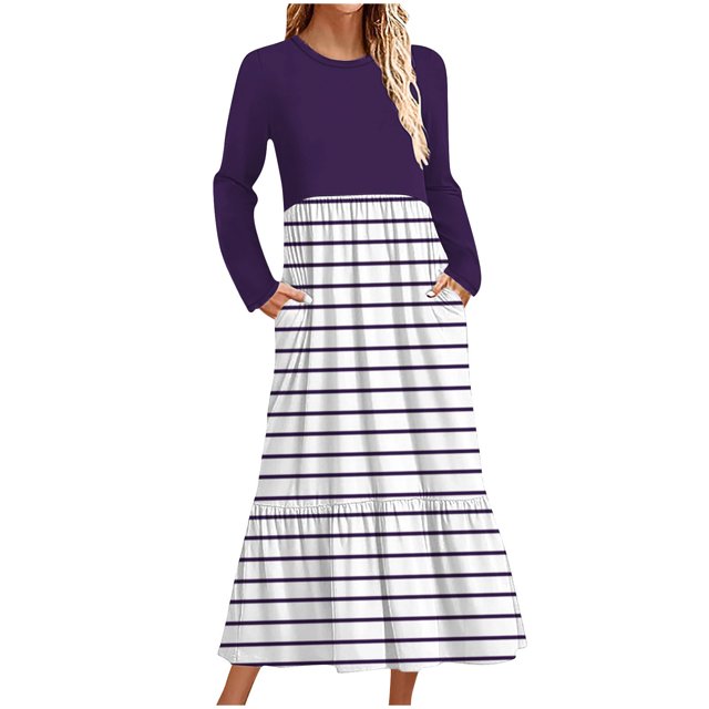 cfhntfmh Robes Maxi pour Femmes Automne Col Rond Manches Longues Robe Rayée Robe Tendance à Blocs de Couleur Robe de Détente avec Poches