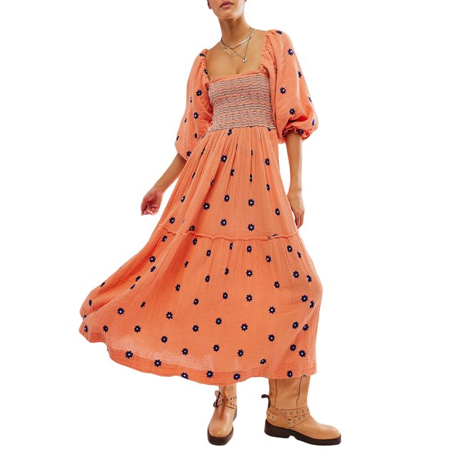 Kmbangi Robe Longue Décontractée d'Été pour Femme, Fleurs Brodées 3D, Encolure Carrée, Manches Bouffantes, Robe Mode Dos Nu, Robe Trapèze