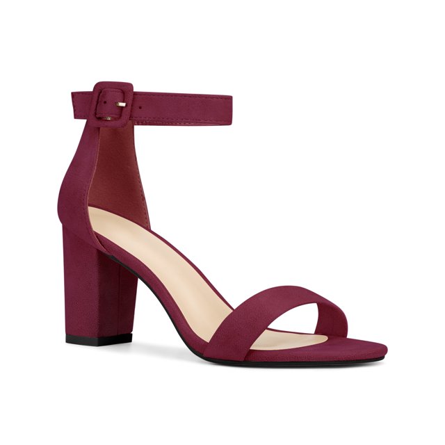 BLISSFUL STEP Woman's Sandals Block Heels Ankle Strap Open Toe Sandals Burgundy 7.5