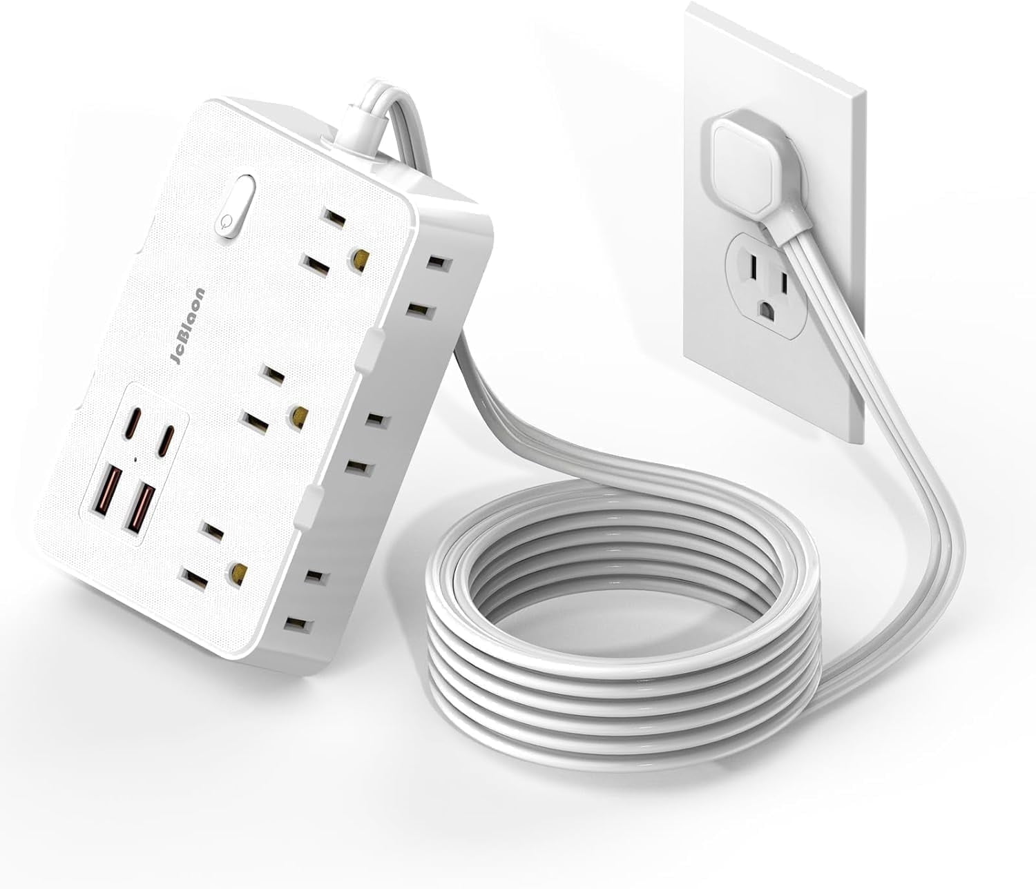 Surge Protector Power Strip with Flat Plug, 5 FT Extension Cord with 6 AC Outlets 4 USB Ports,1050J Surge Protection, Wall Mountable Charging Station for Office, Home, White