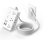 Surge Protector Power Strip with Flat Plug, 5 FT Extension Cord with 6 AC Outlets 4 USB Ports,1050J Surge Protection, Wall Mountable Charging Station for Office, Home, White