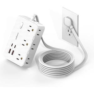 Surge Protector Power Strip with Flat Plug, 5 FT Extension Cord with 6 AC Outlets 4 USB Ports,1050J Surge Protection, Wall Mountable Charging Station for Office, Home, White