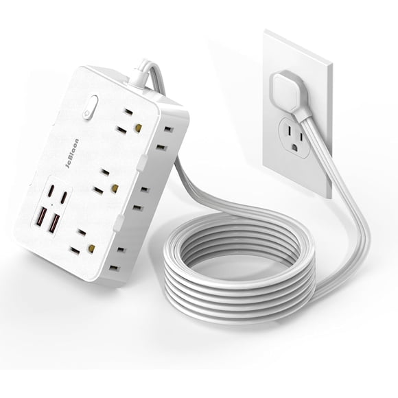 Barre d'Alimentation Parasurtenseur avec Prise Plate, Cordon d'Extension de 5 Pi avec 6 Prises CA et 4 Ports USB, Protection contre les Surtensions 1050J, Station de Recharge Murale pour Bureau, Maison, Blanc