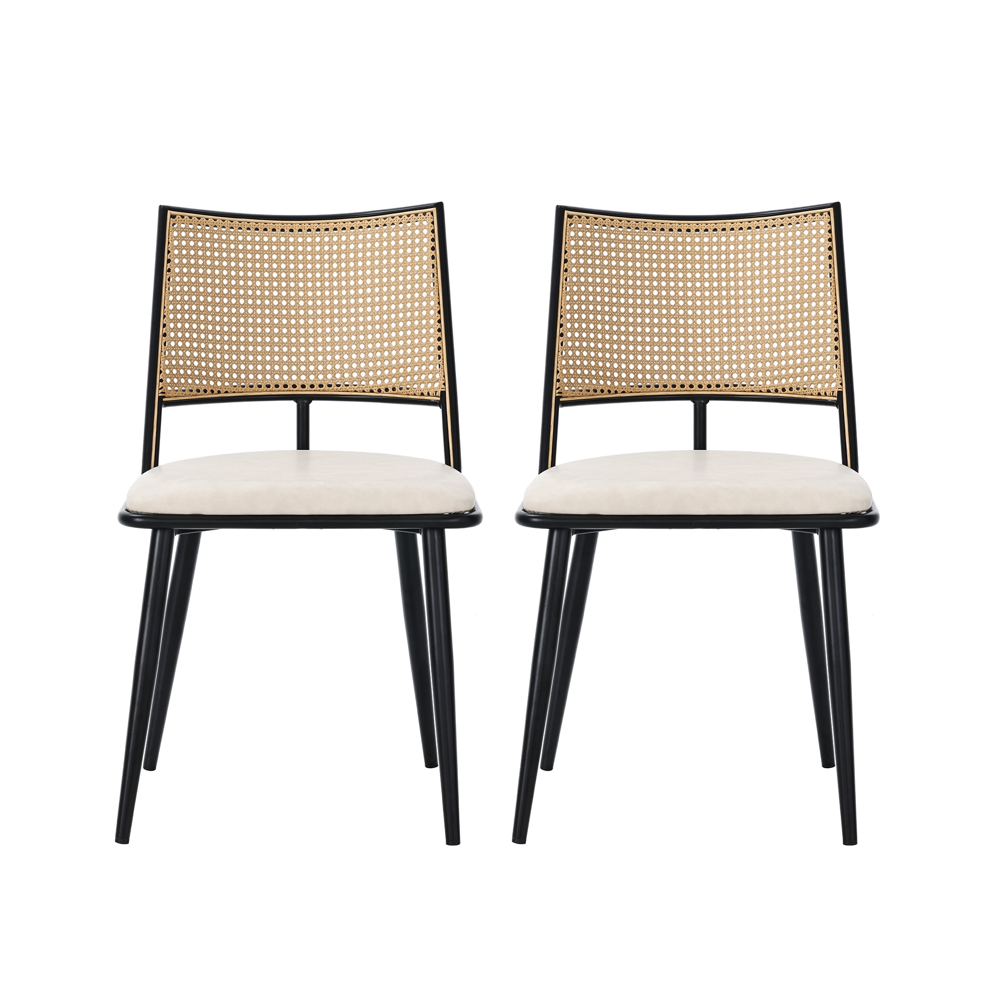 Noble House Chaises de Salle à Manger Modernes Ensemble de 2, Sièges Rembourrés en PU Faciles à Nettoyer avec Dossier en Rotin PE, Noir + Naturel
