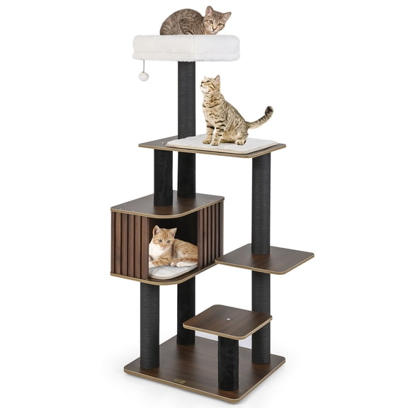 Gymax Tour pour Chat de 59,5 Po de Hauteur avec Coussin, Perchoir Supérieur, Tapis Amovibles, Poteaux à Griffer, Brun