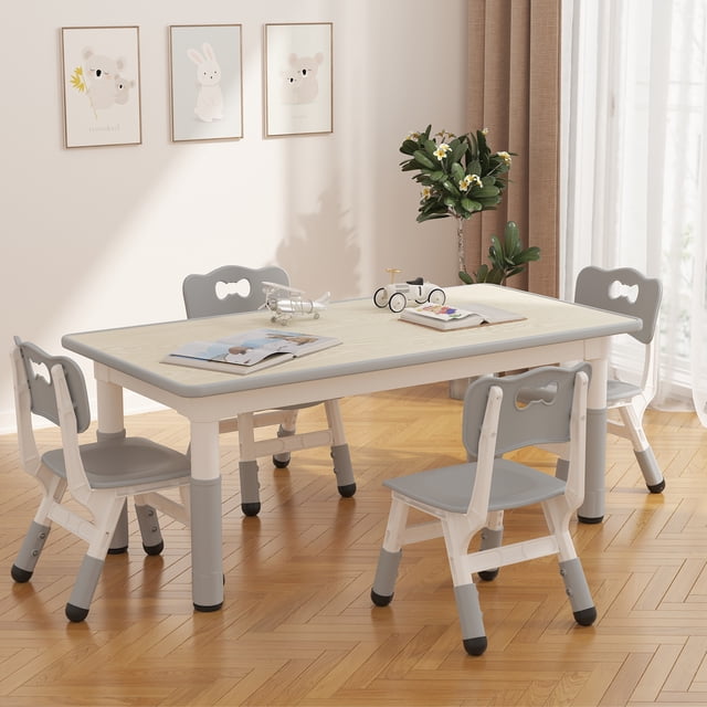Kids Table and 4 Chairs Set, Height Adjustable Toddler Activity Desk ...