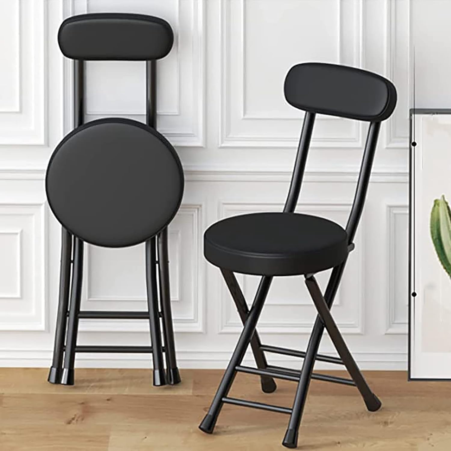 Folding Counter Stool 18 Inch with Backrest, Portable Collapsible Short Bar Stool Leather Padded Seat